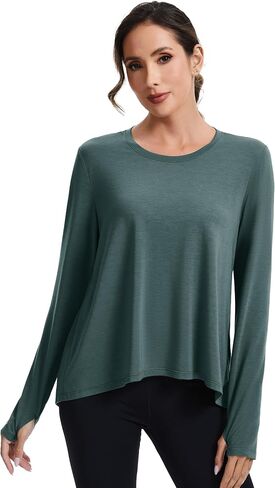 MAGCOMSEN Women's Long Sleeve Workout Shirts Moisture-Wicking Loose Fit Athletic Running Yoga Tops with Thumb Hole in Saudi Arabia