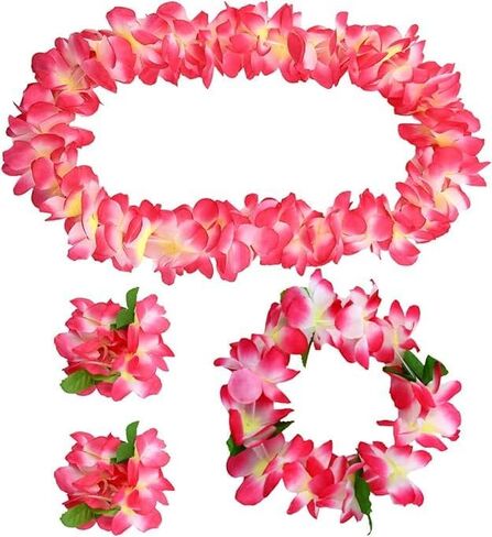1 Set Hawaiian Leis,Tropical Flower Lei Necklace Bracelets Headband Set Tropical Lei Bulk Beach Hawaii Luau Party Favors Decor Summer Pool Birthday Party Supplies (Pink set) in Saudi Arabia