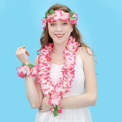 1 Set Hawaiian Leis,Tropical Flower Lei Necklace Bracelets Headband Set Tropical Lei Bulk Beach Hawaii Luau Party Favors Decor Summer Pool Birthday Party Supplies (Pink set) in Saudi Arabia