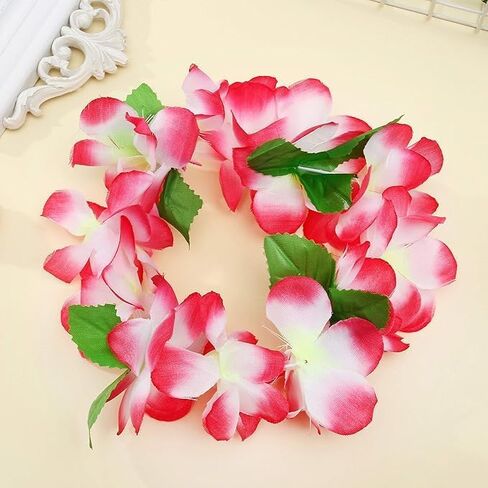 1 Set Hawaiian Leis,Tropical Flower Lei Necklace Bracelets Headband Set Tropical Lei Bulk Beach Hawaii Luau Party Favors Decor Summer Pool Birthday Party Supplies (Pink set) in Saudi Arabia
