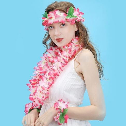 1 Set Hawaiian Leis,Tropical Flower Lei Necklace Bracelets Headband Set Tropical Lei Bulk Beach Hawaii Luau Party Favors Decor Summer Pool Birthday Party Supplies (Pink set) in Saudi Arabia