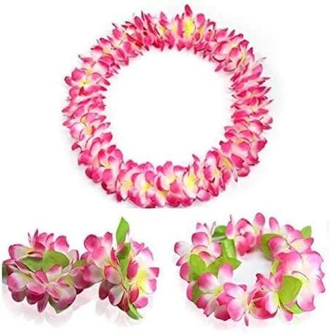 1 Set Hawaiian Leis,Tropical Flower Lei Necklace Bracelets Headband Set Tropical Lei Bulk Beach Hawaii Luau Party Favors Decor Summer Pool Birthday Party Supplies (Pink set) in Saudi Arabia