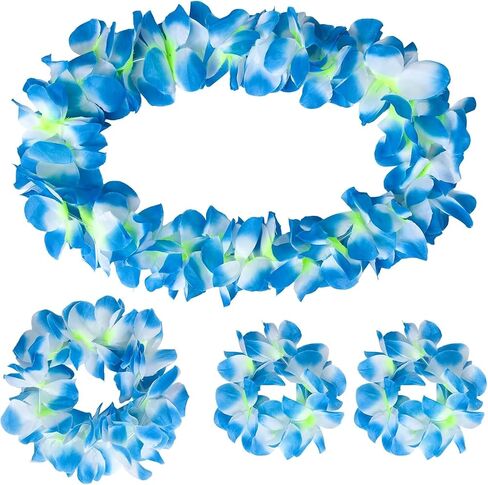 1 Set Hawaiian Leis,Tropical Flower Lei Necklace Bracelets Headband Set Tropical Lei Bulk Beach Hawaii Luau Party Favors Decor Summer Pool Birthday Party Supplies (Pink set) in Saudi Arabia