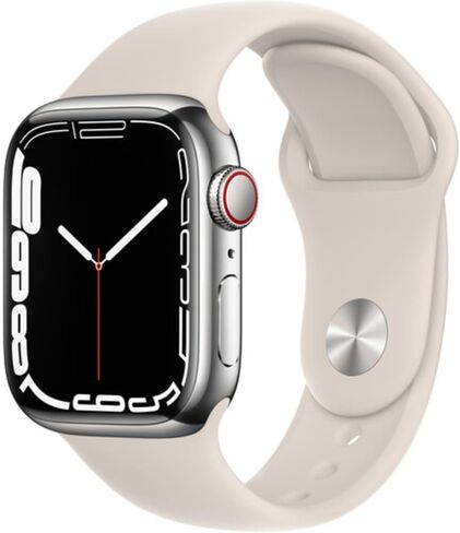 Apple Watch Series 7 (GPS + Cellular, 41MM) هيكل فضي من الستانلس ستيل مع سوار رياضي Starlight (متجدد) in Kuwait