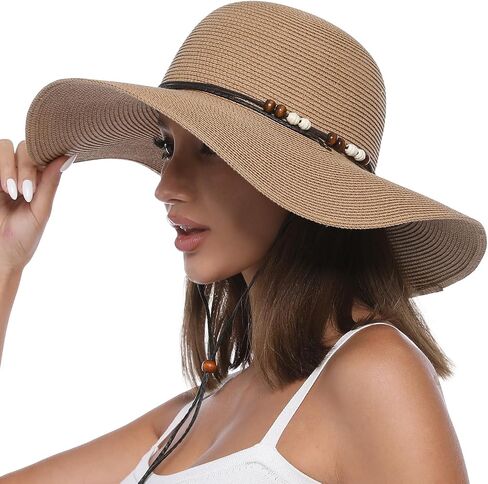 Womens Floppy Straw Sun Hat Wide Brim UPF 50 Sun Protection Packable Summer Beach Hats with Wind Lanyard in Saudi Arabia