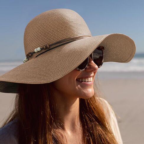 Womens Floppy Straw Sun Hat Wide Brim UPF 50 Sun Protection Packable Summer Beach Hats with Wind Lanyard in Saudi Arabia