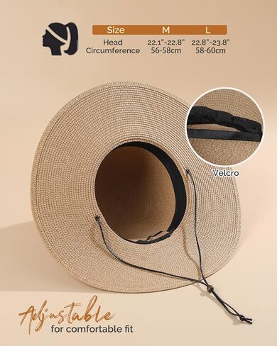 Womens Floppy Straw Sun Hat Wide Brim UPF 50 Sun Protection Packable Summer Beach Hats with Wind Lanyard in Saudi Arabia