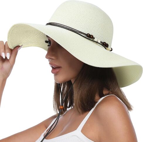 Womens Floppy Straw Sun Hat Wide Brim UPF 50 Sun Protection Packable Summer Beach Hats with Wind Lanyard in Saudi Arabia