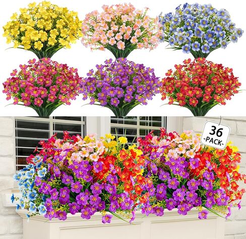 12 Pack Artificial Flowers for Outdoors UV Resistant Faux Silk Flowers, Plastic Plants Shrubs Greenery for Indoor Outside Home Office Wedding Window Box Porch Pots Decor (Assorted) in Saudi Arabia