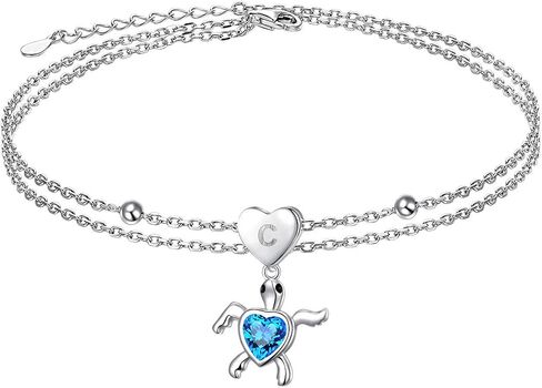 FLYOW Initial Anklet for Women 925 Sterling Silver Adjustable Layered Chain Alphabet Letter with Turtle Beads Ocean Animal Foot Ankle Bracelet Anklets in Saudi Arabia