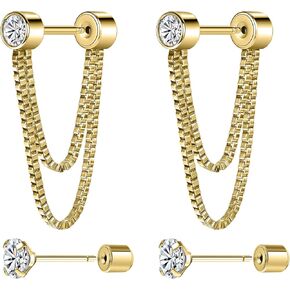 14K Gold Plated Flat Back Ear Studs Hypoallergenic 316L Surgical Stainless Steel Stud Chain Earrings with Cubic Zirconia, Push-In Design Ideal for Cartilage, Tragus & Conch Piercing 2 Pairs