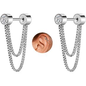 18G Flat Back Earrings Chain Cartilage Earring Stud for Women Push In Threadless Flatback Studs 316L Surgical Steel Hypoallergenic Tragus Helix Conch Piercing Jewelry