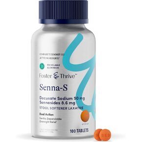 Foster & Thrive Sennosides 8.6 mg Docusate Sodium 50 mg Senna Laxative, Natural Vegetable Ingredients, Overnight Bowel Relief and Stool Softener for Constipation, Bloating, Comparable to Senokot