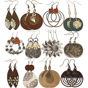 12Pairs Boho Earrings for Women Hanging Trendy Big Vintage Bohemia Bohemian Country Colorful Style Dangle Dangly Dangling Hippie Lightweight Large Fashion Style Hypoallergenic Earring Bulk Ladies Costume Jewelry Set