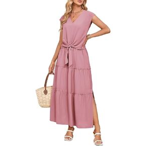 Dokotoo Women's Spring Summer 2 Piece Outfits 2025 Cap Sleeve V Neck Belted Crop Tops High Waist Maxi Skirt Set