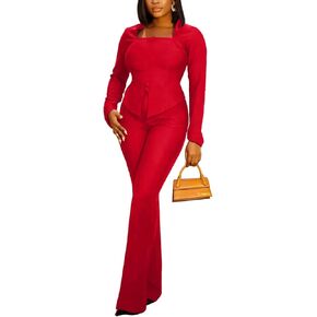 Kafiloe Women Sexy 2 Piece Outfits Clubwear Going Out Flare Long Sleeve Top Elegant Pants Suit Birthday Outfits