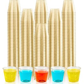 JOLLY CHEF 500 Pack 1 oz Shot Glasses, Gold Glitter Elegant Party Cups Tumblers, Disposable Cups with Glitter Perfect for Wedding, Thanksgiving Day, Christmas Halloween Party