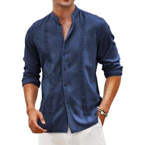 COOFANDY Men's Cuban Guayabera Shirts Casual Long Sleeve Button Down Shirts Band Collar Linen Summer Beach Shirts