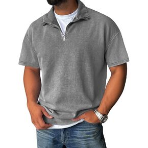 Men's Zipper Polo Shirts Short Sleeve Distressed Washed Cotton T Shirt Solid Casual Summer Tee Tops