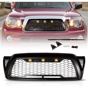 New [Upgraded] Front Grille for Toyo-ta Tacoma 2005 2006 2007 2008 2009 2010 2011, with 3 LED Lights Bumper Hood Mesh Grill, Matte Black Bumper Grille Tacoma Accessories