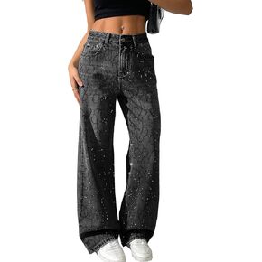 heipeiwa Women's Rhinestone Jeans Wide Leg Baggy Denim Pants High Waist Sparkle Shiny Sequin Trouser