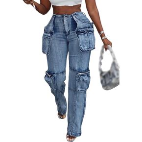LKOUS Casual Cargo Jeans for Women, Zip Side Slit Denim Pants with Multi Pockets