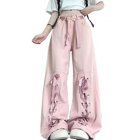 Harajuku Y2K Kawaii Gothic Vintage Casual Style High Waisted Straight Wide Leg Ribbons Trim Pink Denim Pants