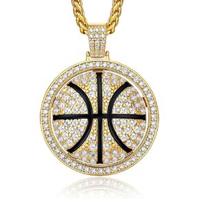 Bestyle Bling Football Baseball Necklace for Men, Full CZ Men Gold Necklace Chain Gold Ball Pendant Sport Jewelry for Sprots Fan