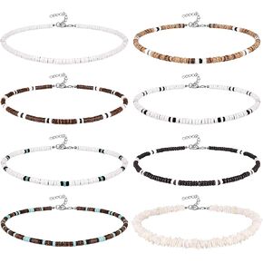 REVOLIA 8Pcs Puka Shell Necklace for Men Women Summer Beach Surfer Necklace Men Hawaiian Seashell Choker Necklace with Clam Chip Beads Necklace Beach Jewelry Set 16/18 Inches