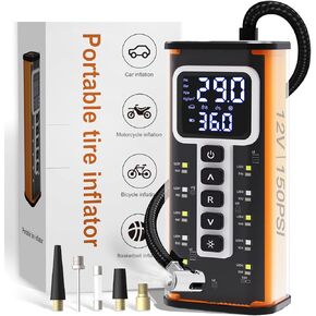 Tire Inflator Portable Air Compressor, Air Pump for Car Tires 5X Faster 150 Psi Digital Pressure Gauge, LED Light and Auto Shut-off Cordless Pocket Portable Pump for Car, Motorcycle, Bike, Balls etc.
