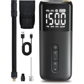 HT10 Bike Tire Electric Air Pump: Fast Inflation Portable Bicycle Pump for Presta and Schrader Valve, 150 Psi High Pressure Tire Inflator with Digital Gauge for Road Bike, Mountain Bike, E-Bike