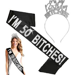 RhinestoneSash 50th Birthday Sash and Crown - I'm 50 Bitches Premium Satin Sashes - 50th Party Supplies for Women