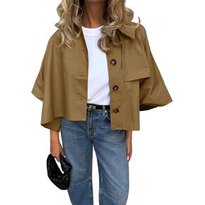 Cicy Bell Womens Oversized Cropped Trench Coats Single Breasted 3/4 Cape Sleeve Trendy Casual Jackets Button up Outerwear