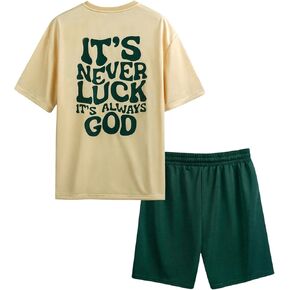Men's 2 Piece Outfits Slogan Printed Short Sleeve T-shirts and Drawstring Workout Shorts Tracksuits