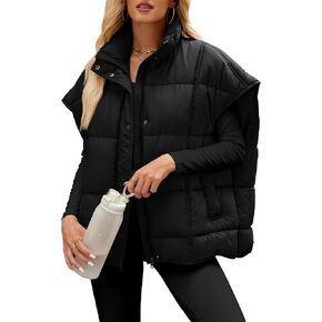 WHN Oversized Puffer Vest for Women Cap Sleeve Quilted Jacket Coat Zip Up Button Outerwear