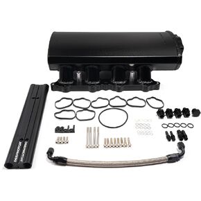 2011-2023 لـ Ford Mustang 5.0L Coyote Smospold/2011-2020 for Ford F-150 Fab 90mm clifold مع مجموعات السكك الحديدية للوقود (تناسب تحت غطاء الأسود) (أسود)