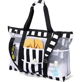 42L Extra Large Mesh Beach Bag 10 Pockets Pool Tote with Zipper XL Beach Bag with Handles and Shoulder Straps