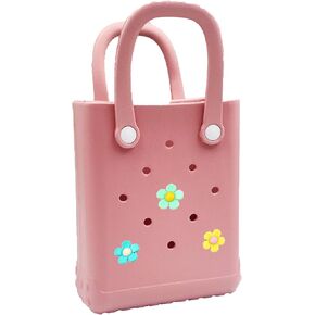Mini Rubber Tote Bag, 6.5x8.0x3.1 inches,Waterproof Beach Bag with Random Charms, Small Beach Tote for Girls, Pink