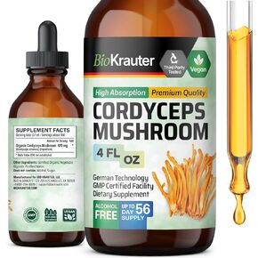 Bio Krauter Cordyceps خلاصة الفطر - Cordyceps Sinensis Sinensis Siled Seled - 670 mg لكل وجبة - نباتي ، خالية من الكحول والسكر - 4 fl.oz.