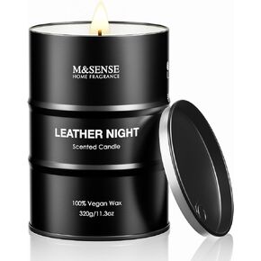 M&SENSE Scented Candle, Leather Medium Jar Candle Gifts for Men, 60 Hours Slow Burning Natural Soy Candles 11.3oz, Stress Relief Aromatherapy Candles Home Decor, Valentines Day Gifts for Him