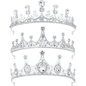 inSowni 3 Pieces Silver Metal Crystal Rhinestone Queen Princess Crowns Tiaras Headbands Birthday Party Prom Wedding Bridal Headpieces Hair Accessories for Women Girls Brides Bridesmaids