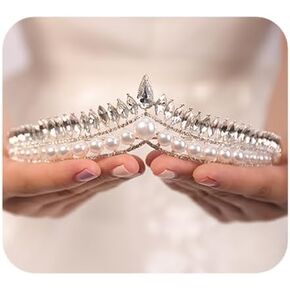 Jwicos Pearl Crystal Tiara Crown Wedding Tiaras للعرائس وصيفه الحجر الراين ، تاج العريف Tiara للمسابقة لحفلات الزفاف للنساء