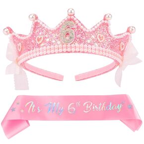 Chanaco 6th Birthday decorations Pearl Birthday Crown for 6 Year Old Girls 6th Birthday Sash and Tiara Outfit Pink Glitter Heart Headband Hair Accessories Cute Bow Headpieces for Party