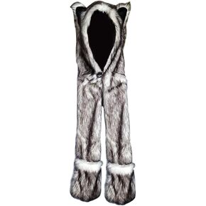 Animal Hat Faux Fur Hood Scarf Full Pockets Ear Flat Cap Hoodie Furry Gloves Party Costume (Inner Zipper Pocket Husky)