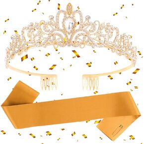 Gold Crown Tiaras for Women & Custom DIY Blank Satin Sash Set, Crystal Princess Tiaras Sparkly Rhinestone Crown for Women Custom Personalized Sash for Prom, Birthday, Bride, Graduation Party