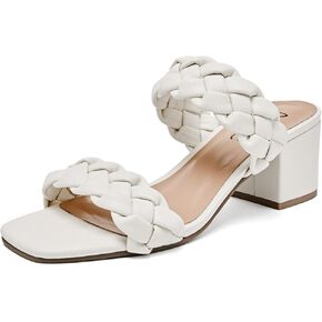 Women's Heels Braided Heeled Sandals, Squear Open Toe Slides Sandals Slip on Chunky Heel Sandals Dressy Summer Shoes for Women.