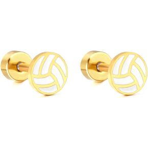 20g Volleyball Gold Plated Flat Screw Back Small Stud Earrings for Men Women Minimalist Cute Surgical Steel White Enamel Sports Fan Lover Cartilage Piercing Sleeper Tiny Studs Hypoallergenic Birthday Gift for Bff Christmas