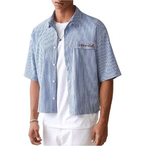 Gorglitter Men's Men Proced Crop Letter Graphic Right Button لأسفل لأعلى قميص ذي طوق قصير الأكمام