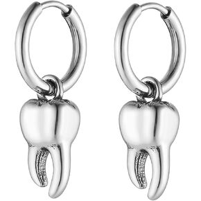 HZMAN Tooth Dangle Drop Earring for Men Women Retro Stainless Steel Small Lightweight Hinged Huggie Hoop Earring Jewelry Gift