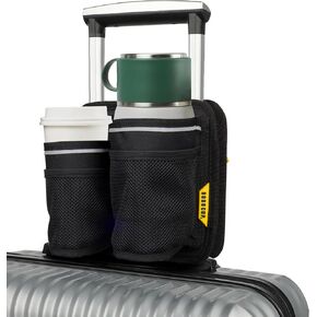 Travel-Friendly Foldable Dual Drink Holder, Univesal Design for Luggage, Cases and Breifcases with a Telescopic Handle | Storage Pockets, D-Ring, Pen Slot, Reflective Stripe, Hook&Loop Patch